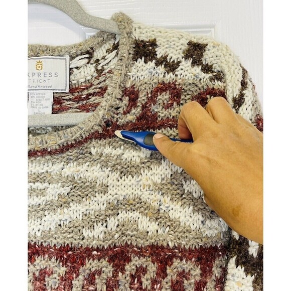 Vintage EXPRESS Tricot Chunky HandKnitted Wool Angora Sweater Size L Fisherman - Picture 12 of 12